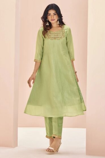Beautiful Pista Green Embroidered Organza Readymade Pant Suit