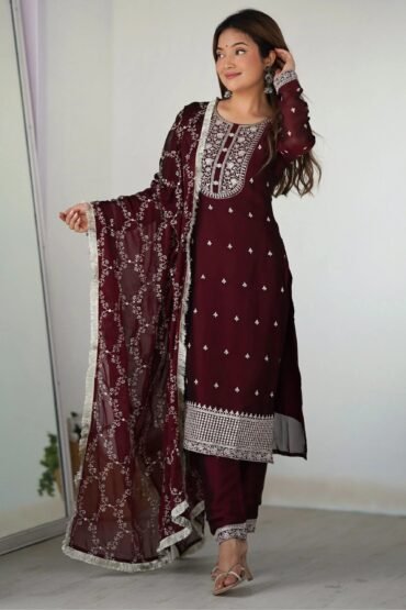 Superb Maroon Thread Work Silk Reception Wear Pant Suit With Dupatta