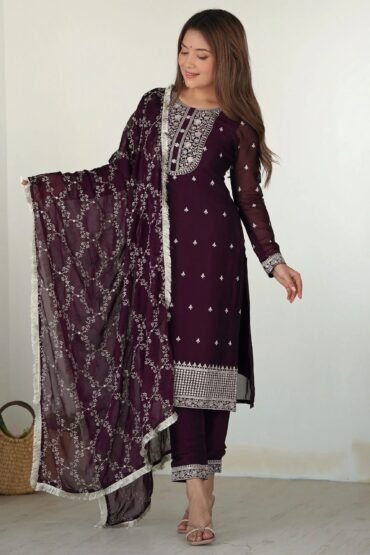 Amazing Purple Thread Work Silk Function Wear Pant Suit With Dupatta