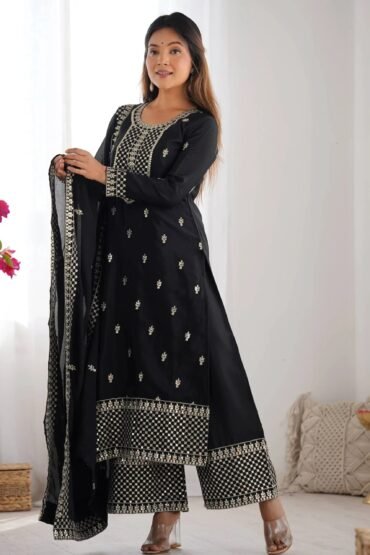 Impressive Black Sequins Chinon Silk Festive Wear Palazzo Suit With Dupatta