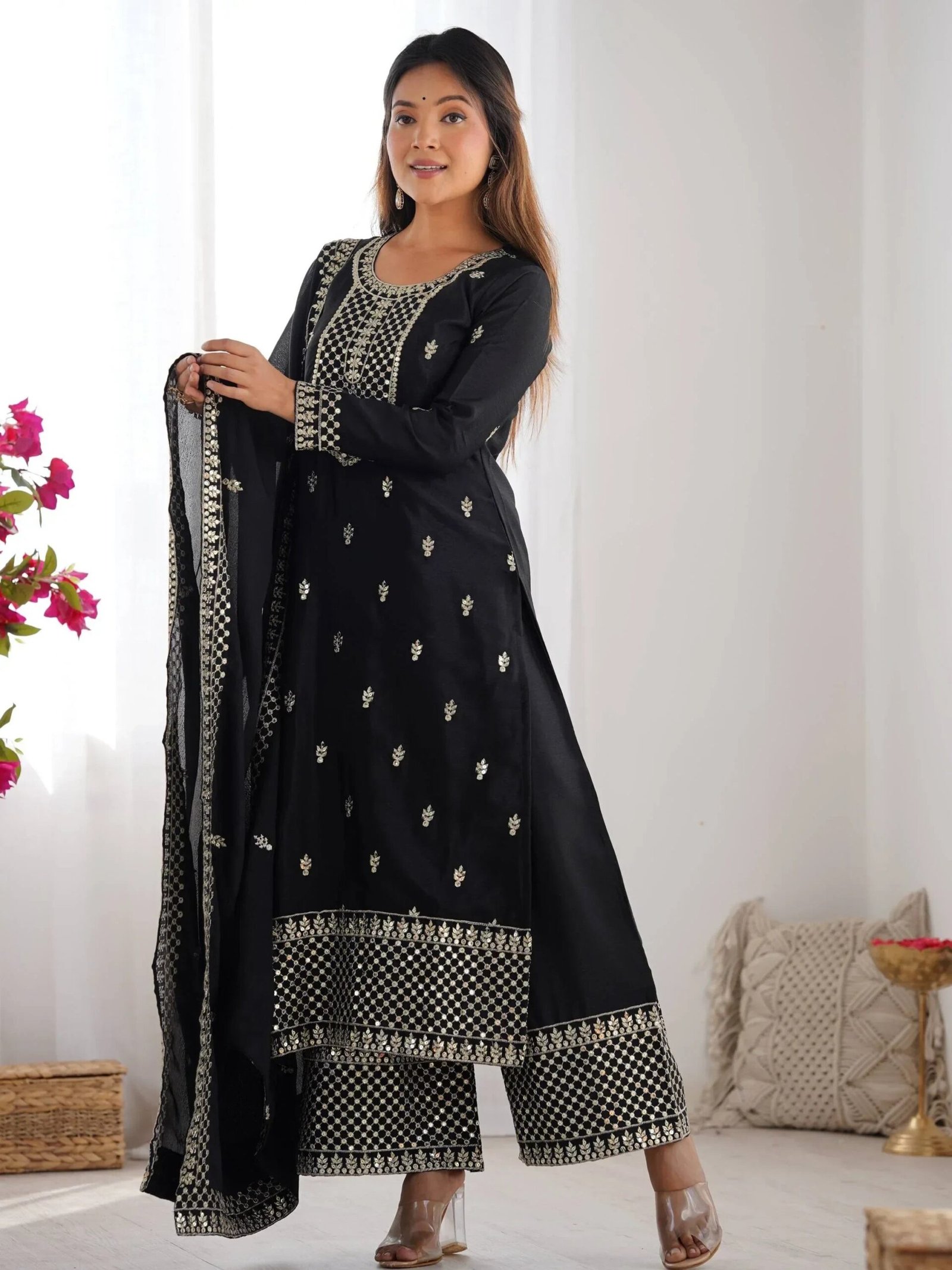 Impressive Black Sequins Chinon Silk Festive Wear Palazzo Suit With Dupatta