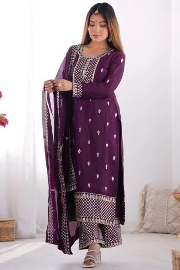Awesome Purple Sequins Chinon Silk Party Wear Palazzo Suit With Dupatta