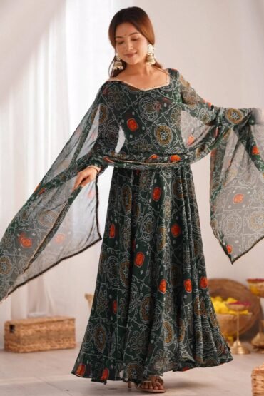 Wonderful Green Bandhej Printed Georgette Casual Wear Anarkali Suit