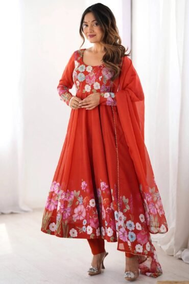 Sweet Orange Floral Printed Organza Festive Wear Anarkali Suit