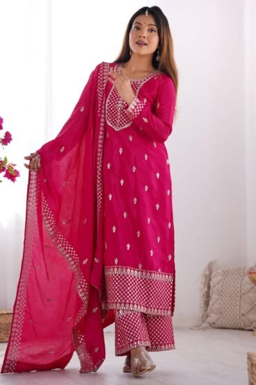 Gorgeous Pink Sequins Chinon Silk Party Wear Palazzo Suit
