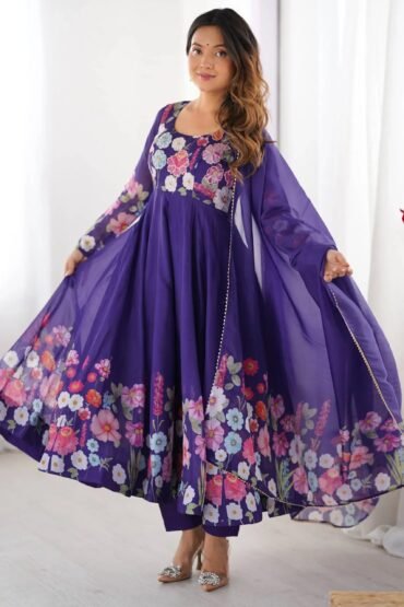 Alluring Purple Floral Printed Organza Casual Wear Anarkali Suit With Dupatta