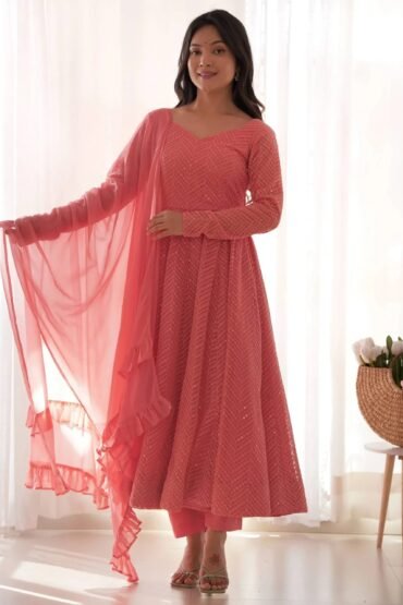 Incredible Peach Lucknawi Work Georgette Anarkali Suit With Ruffle Dupatta