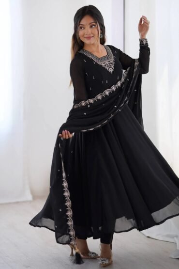 Majestic Black Beads Work Georgette Festive Wear Anarkali Suit