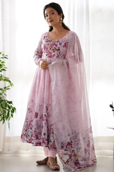 Alluring Pink Floral Printed Organza Anarkali Suit Pant With Dupatta
