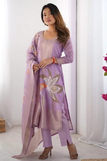 Impressive Lilac Floral Print Organza Festival Wear Pant Suit