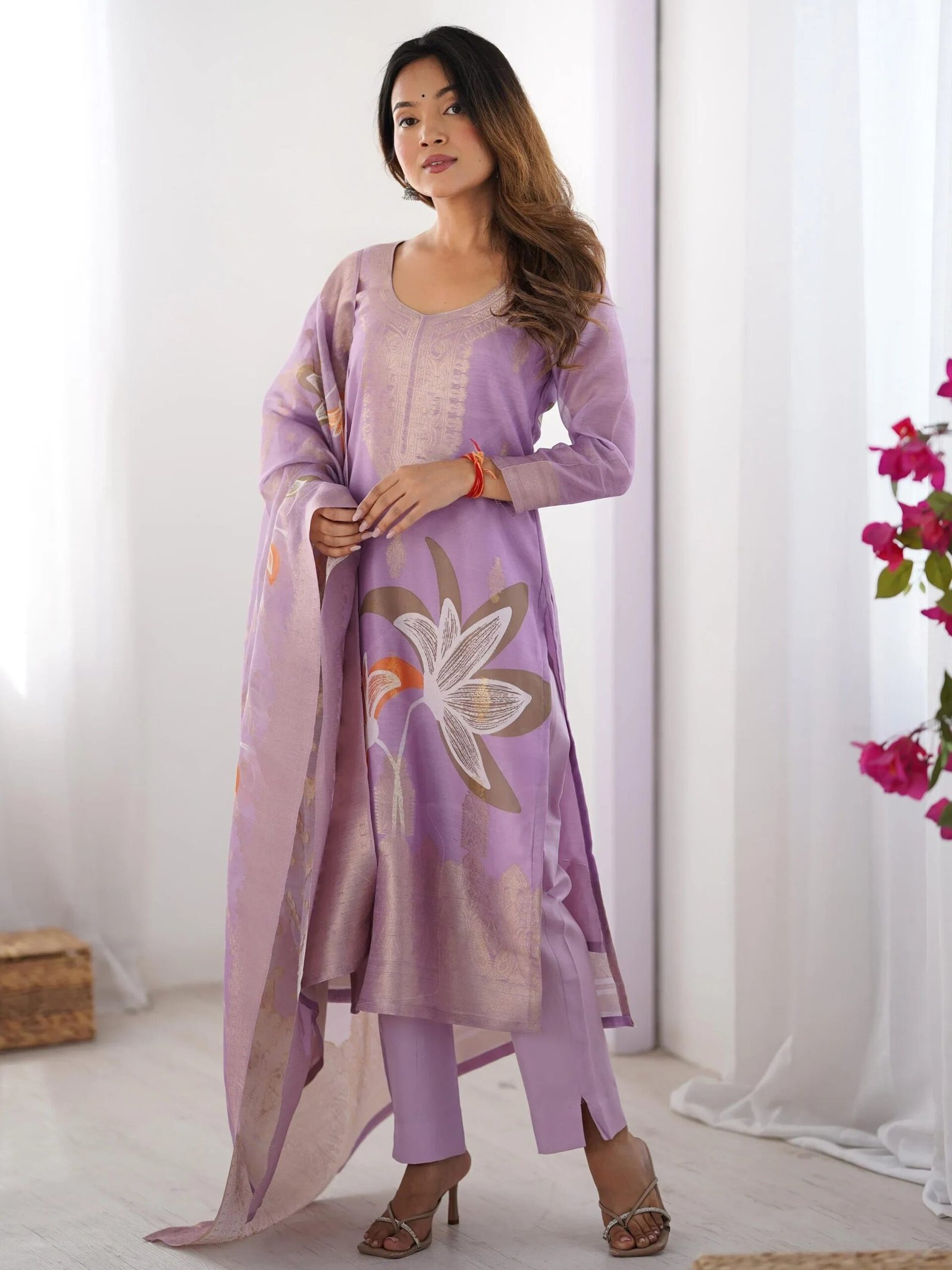 Impressive Lilac Floral Print Organza Festival Wear Pant Suit
