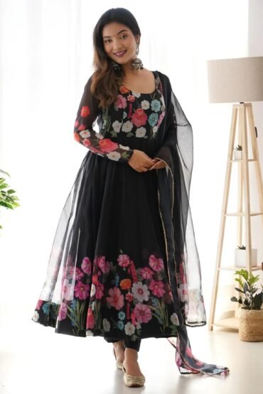 Incredible Black Floral Printed Organza Anarkali Suit With Dupatta