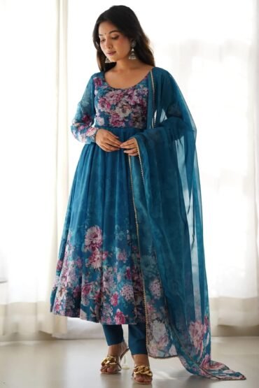 Bewitching Blue Floral Printed Organza Traditional Anarkali Suit Pant
