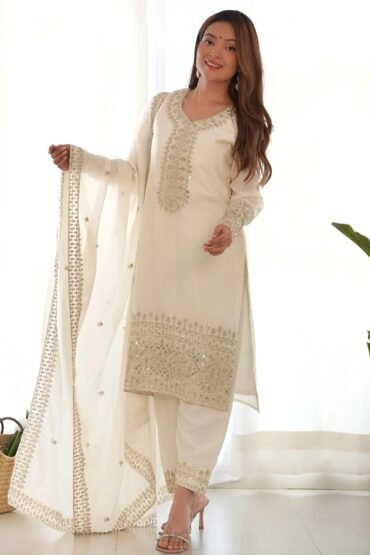 Astonishing White Sequins Chinon Silk Traditional Pant Suit