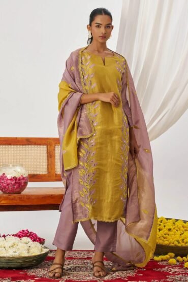 Timeless Lilac Organza Patch Work Festival Wear Straight Suit