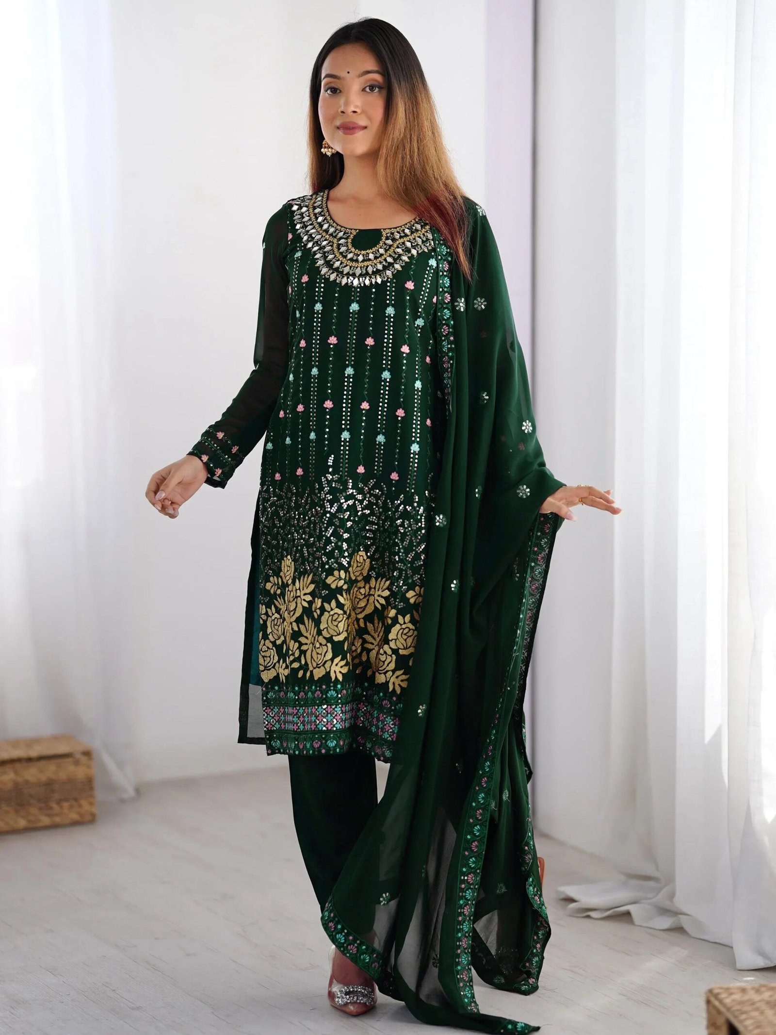 Lovely Green Thread Embroidered Festival Wear Pant Suit