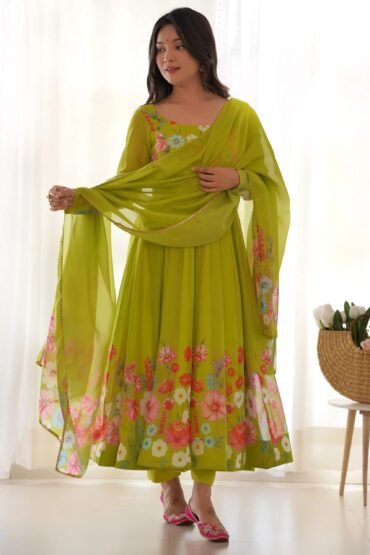 Marvelous Green Floral Printed Organza Festival Wear Anarkali Suit
