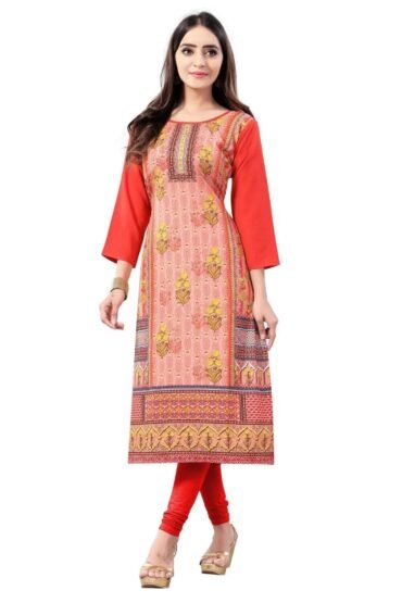 Orange Digital Floral Printed Crepe Readymade Kurti