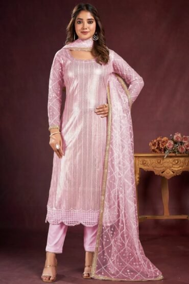 Stunning Pink Sequins Net Event Wear Salwar Kameez With Dupatta