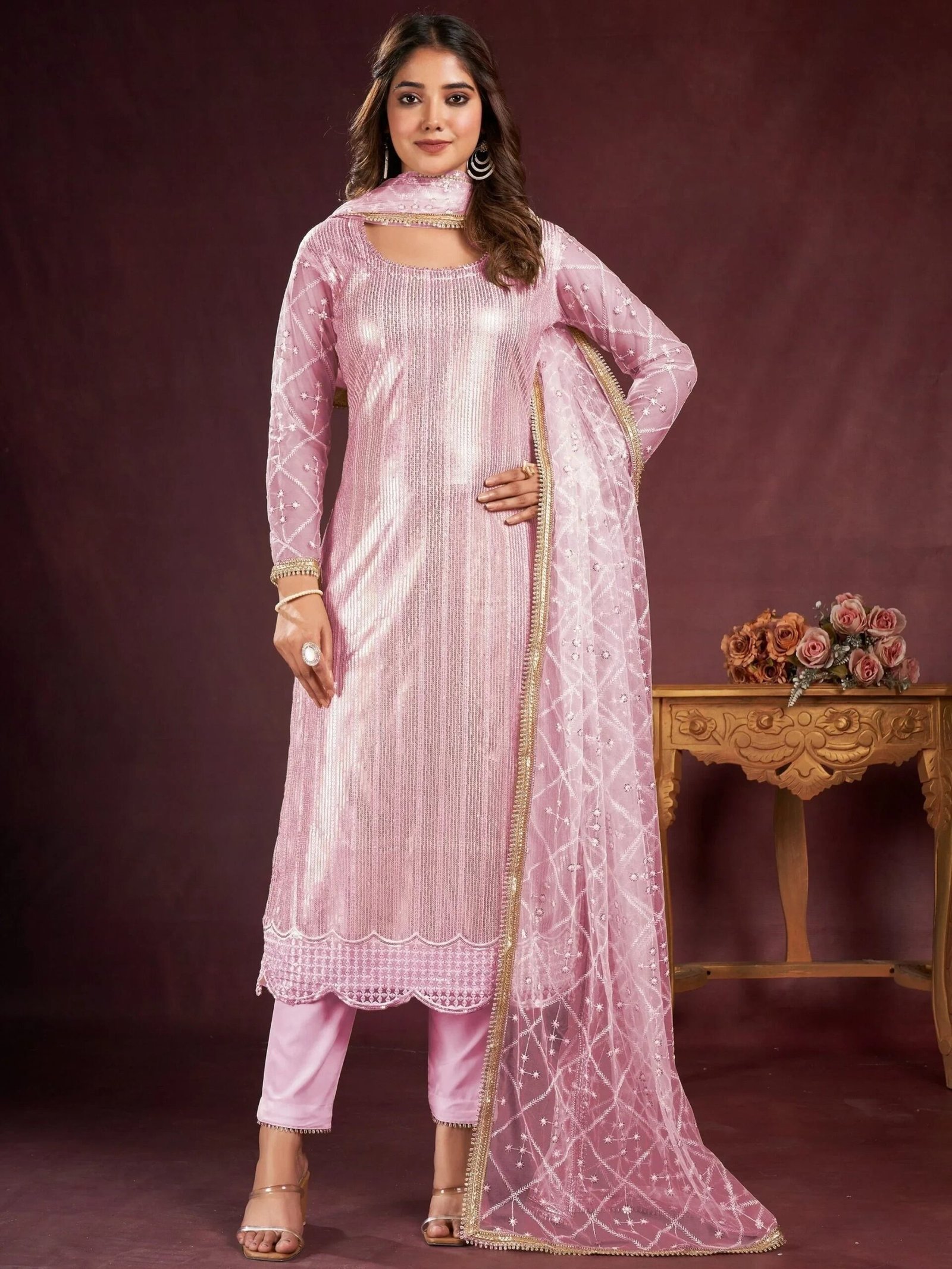 Stunning Pink Sequins Net Event Wear Salwar Kameez With Dupatta