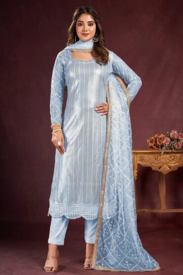 Astonishing Sky-Blue Sequins Net Salwar Kameez With Dupatta