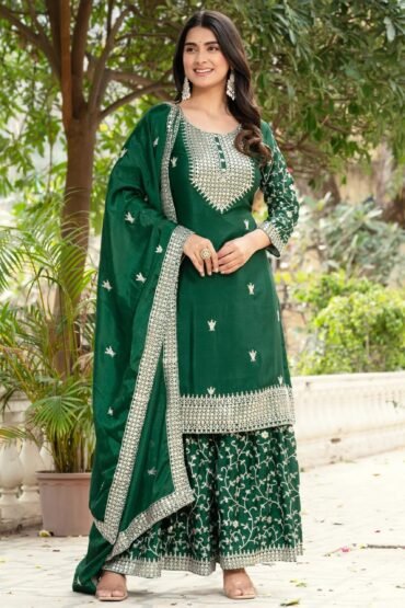 Incredible Green Sequins Chinon Mehendi Wear Sharara Suit With Dupatta