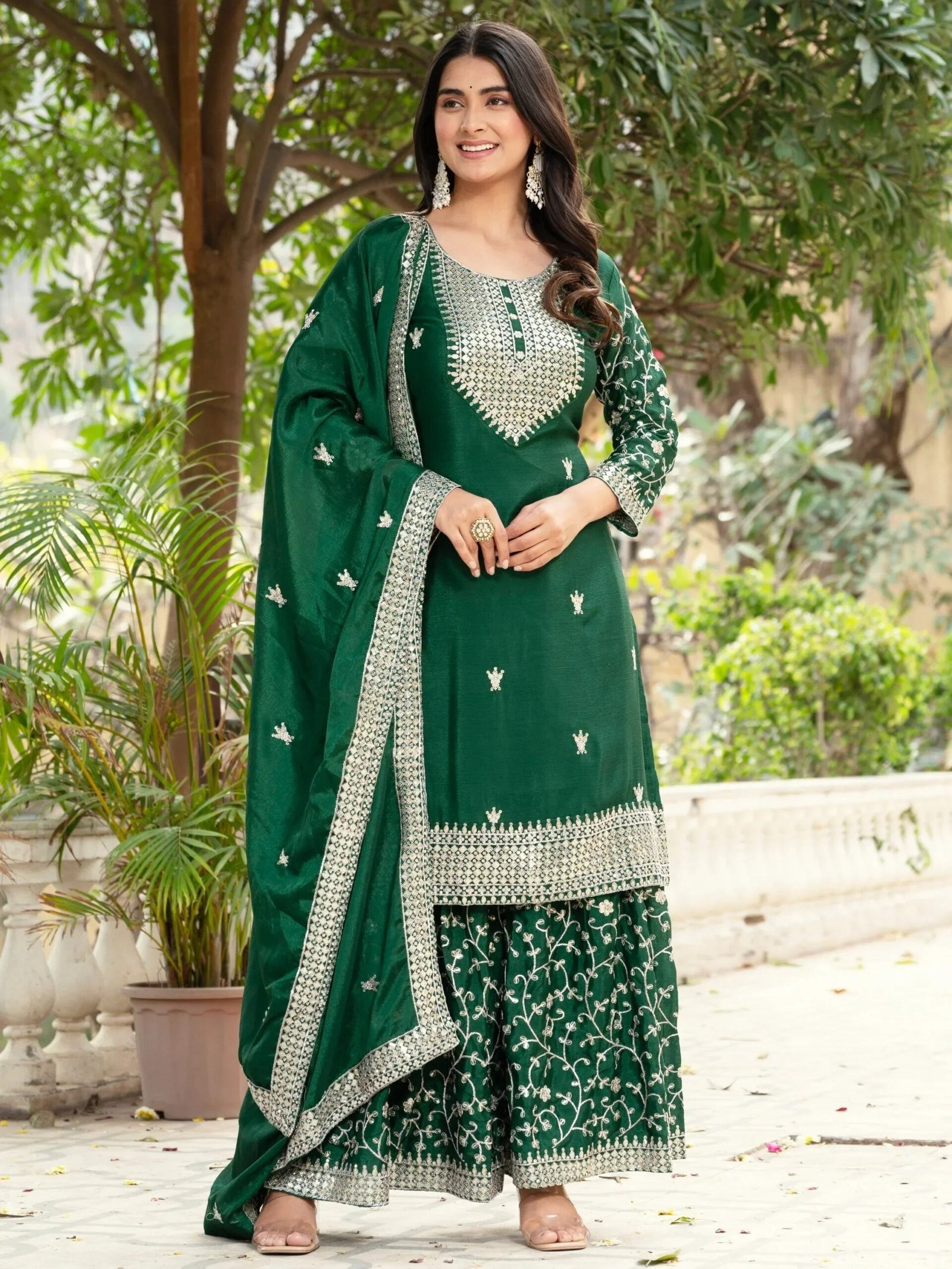 Incredible Green Sequins Chinon Mehendi Wear Sharara Suit With Dupatta