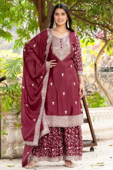 Awesome Maroon Sequins Chinon Wedding Wear Sharara Suit
