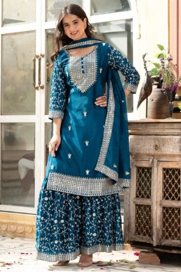Gorgeous Teal Blue Sequins Chinon Festive Wear Sharara Suit With Dupatta