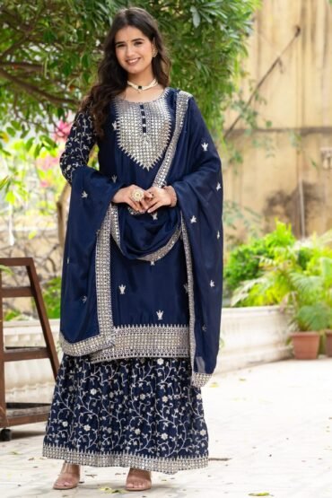 Captivating Navy Blue Sequins Chinon Traditional Sharara Suit With Dupatta