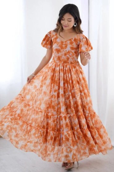 Refreshing Orange Printed Georgette Daily Wear Dress