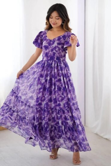 Elegant Purple Printed Georgette Casual Wear Dress
