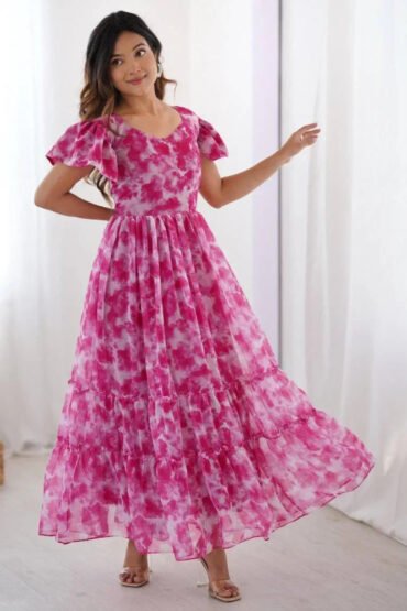 Dazzling Hot Pink Printed Georgette Office Wear Dress