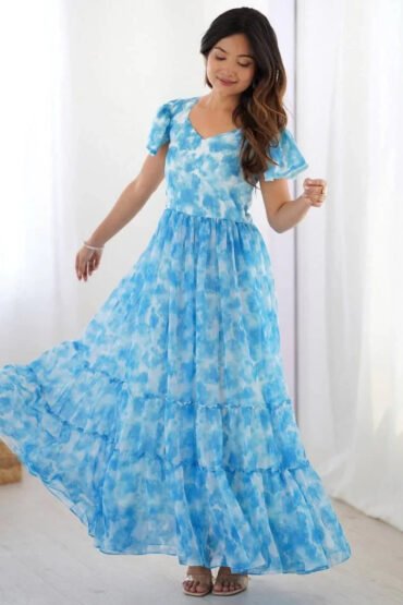 Charming Sky Blue Printed Georgette Casual Wear Dress