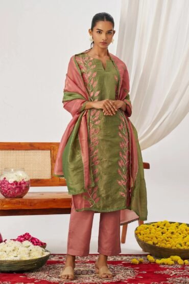 Gorgeous Pink Patch Work Organza Traditional Straight Suit