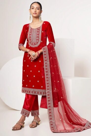 Astonishing Red Sequins Velvet Function Wear Pant Suit With Dupatta