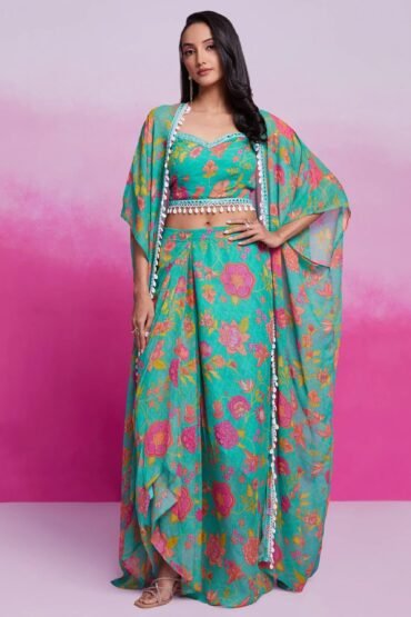 Fabulous Turquoise Georgette Western Wear Crop Top Skirt With Shrug