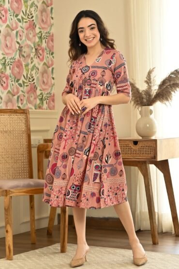 Baby Pink Abstract Print Flared Dress