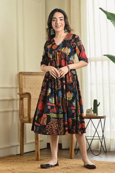 Black Abstract Print Flared Dress