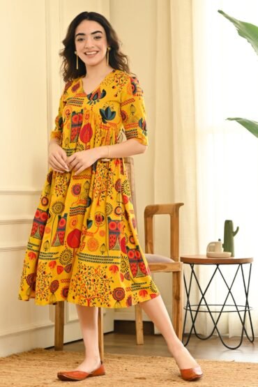 Yellow Abstract Print Flared Dress