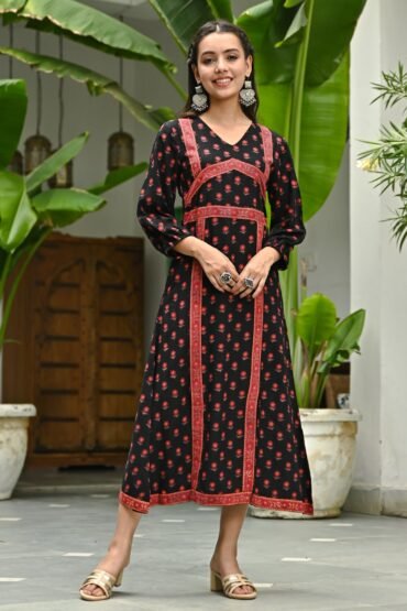 Black Printed Front Slit Alia Cut Dress