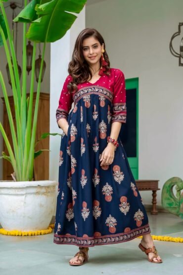 Blue & Maroon V Neck Alia Cut Dress with Gold Buta & Polka Prints