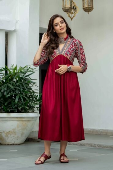 Maroon V Neck Alia Cut Dress