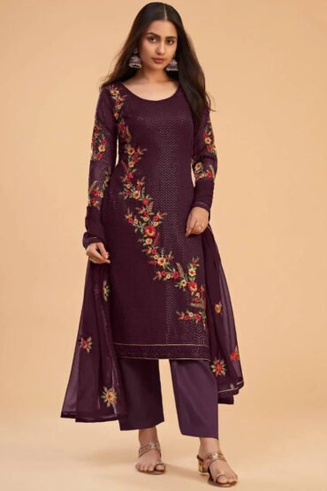 Wonderful Wine Sequined Georgette Festive Wear Salwar Kameez