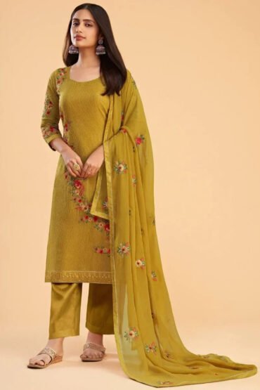 Impressive Yellow Floral Embroidered Georgette Festive Wear Salwar Kameez