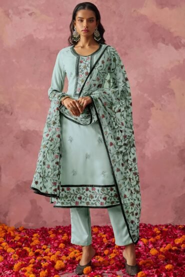 Stunning Sky Blue Thread Embroidered Georgette Straight Suit