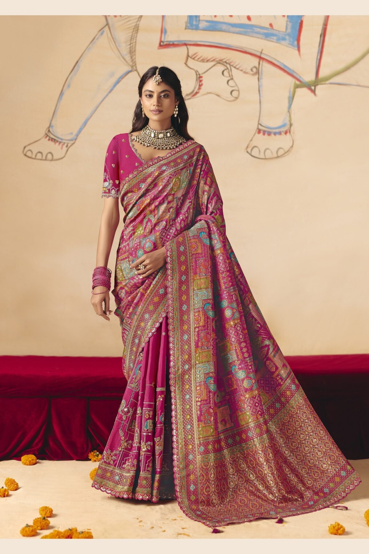 Cerise Pink Embellished Dola Silk Saree