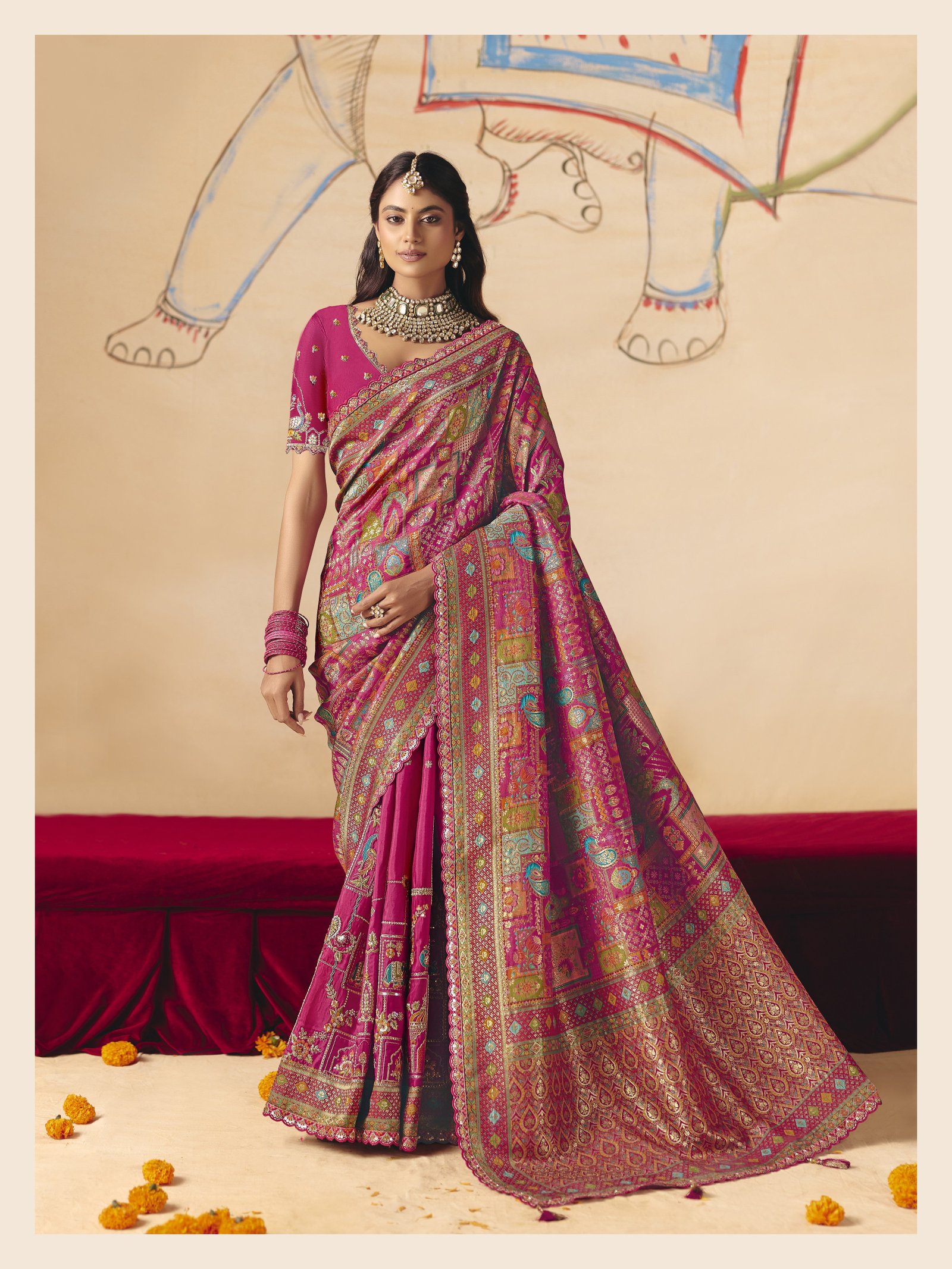 Cerise Pink Embellished Dola Silk Saree