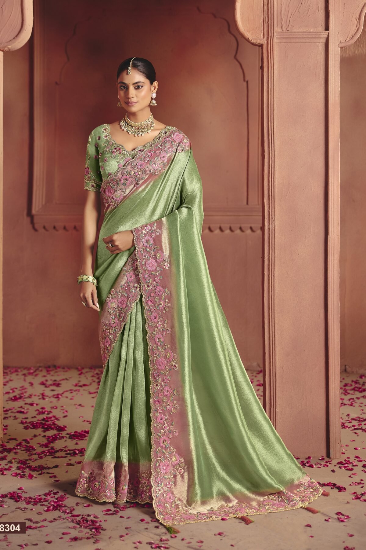 Green flora Embellished Shimmer Tissue Silk Saree
