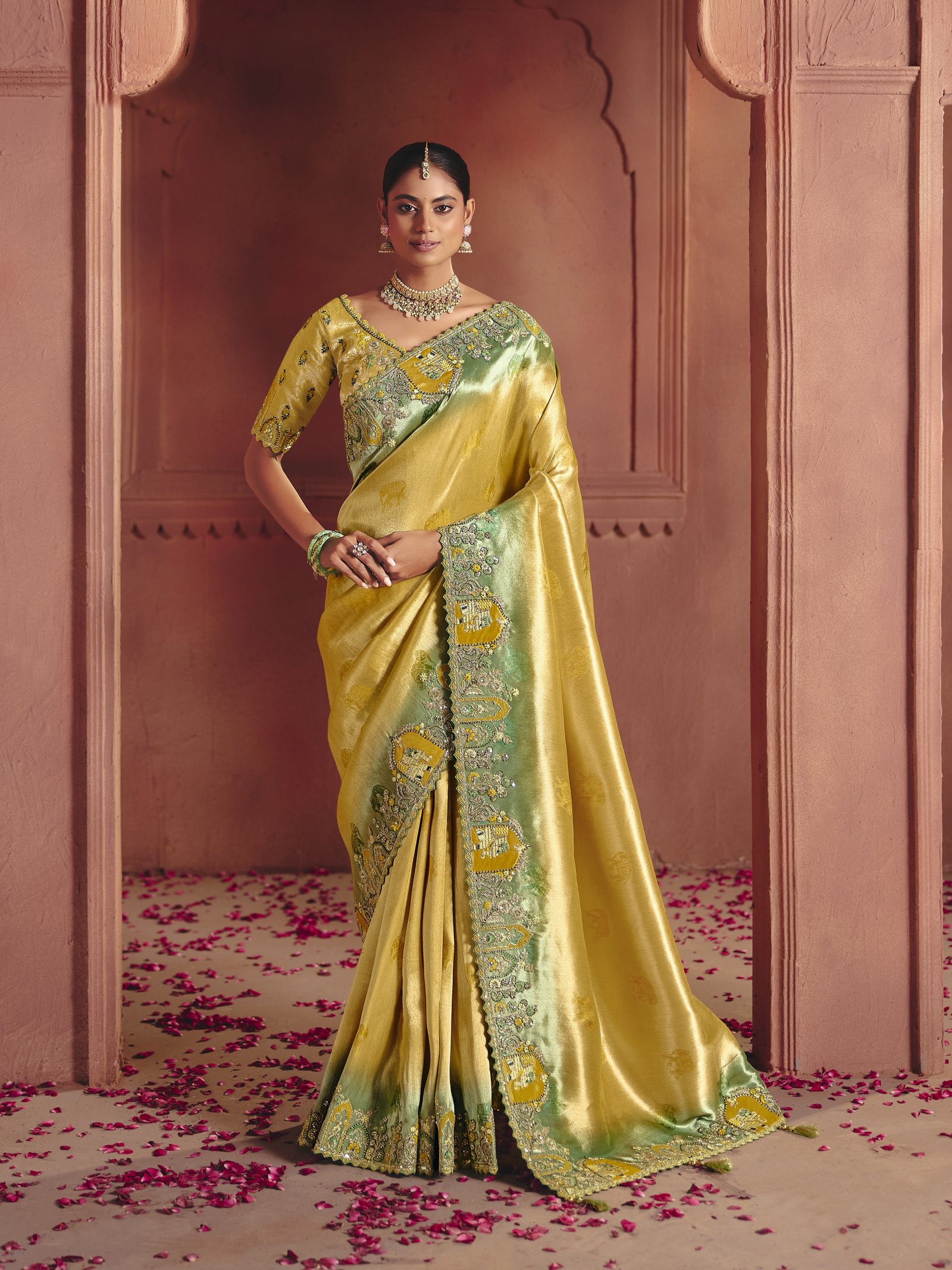 Golden Heritage Embellished Shimmer Tissue Silk Saree